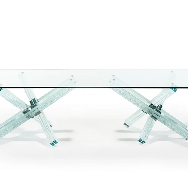 Modern Italian Transeo 72 Craquelé dining table by Reflex Angelo in Royal Oak, MI – featuring a 3 or 4-legged base in extra-clear crackled glass and a transparent glass top.