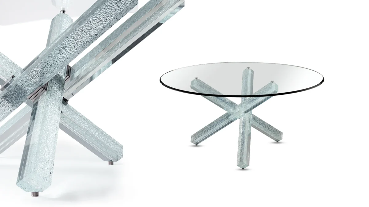 Contemporary Transeo 72 Craquelé dining table by Reflex Angelo in Birmingham, MI – designed by Tulczinsky with a unique crackled glass base and sleek glass top.