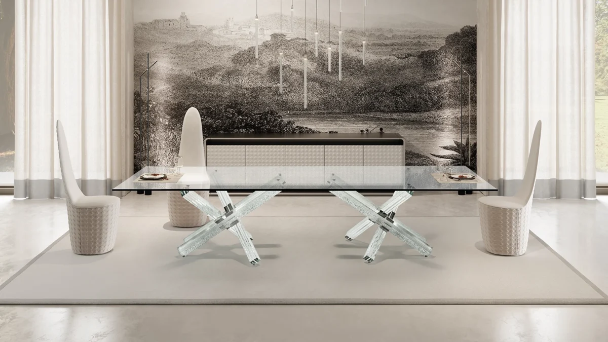 Contemporary Transeo 72 Craquelé dining table by Reflex Angelo in Birmingham, MI – designed by Tulczinsky with a unique crackled glass base and sleek glass top.