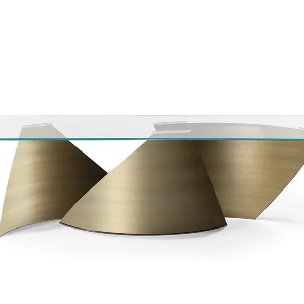 Modern Italian Vele 72 dining table by Reflex Angelo in Royal Oak, MI – featuring curved satin brass base and 15mm glass top.