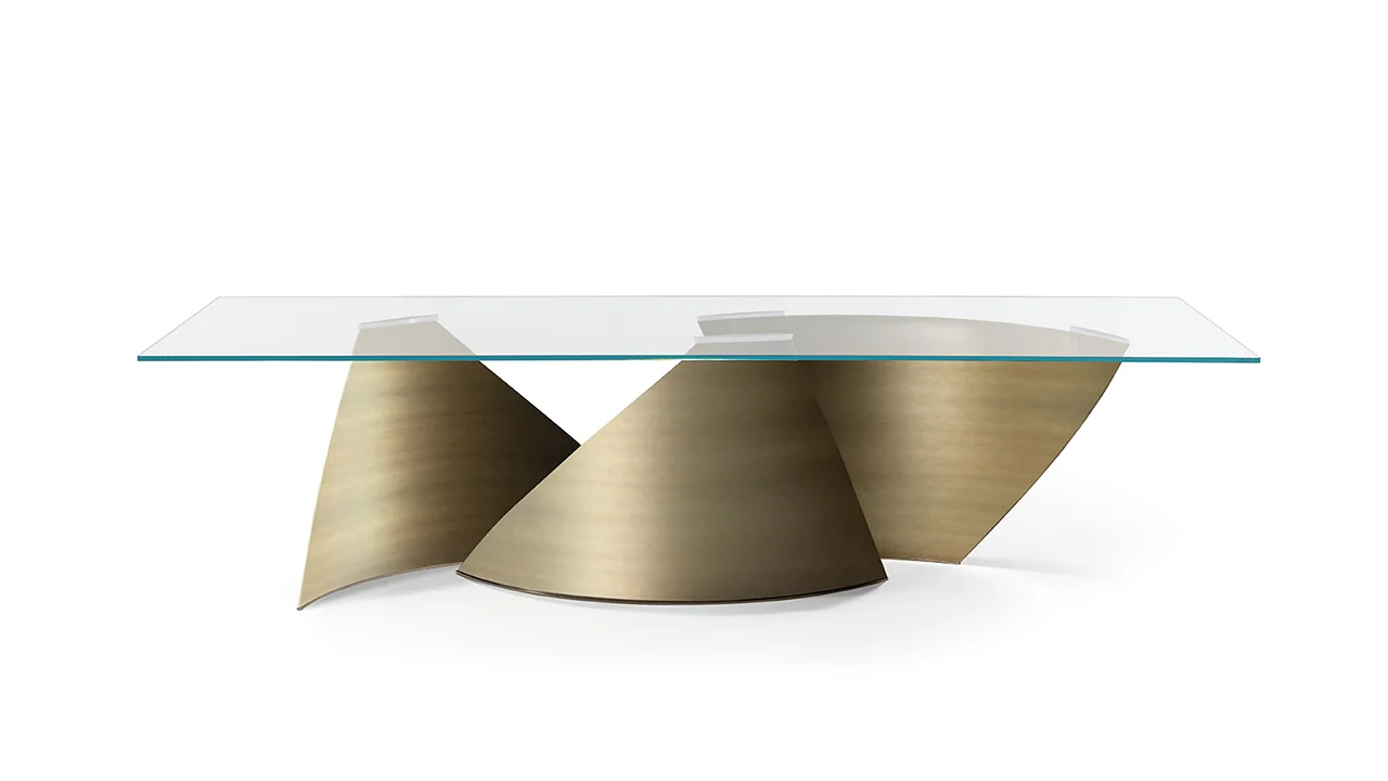 Modern Italian Vele 72 dining table by Reflex Angelo in Royal Oak, MI – featuring curved satin brass base and 15mm glass top.