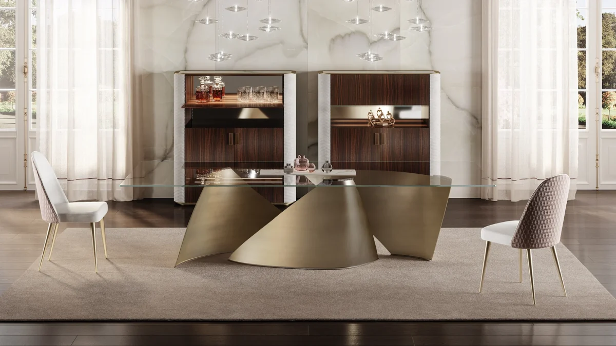 Contemporary Vele 72 dining table by Reflex Angelo in Birmingham, MI – designed with curved satin dark brass base and 15mm glass top.