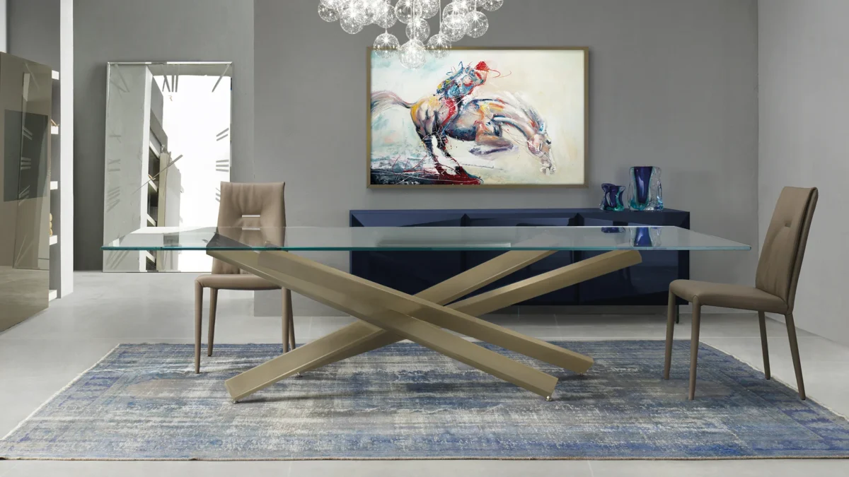 High-end Mikado 72 Steel dining table by Reflex Angelo in Troy, MI – showcasing a graphite base and smoked glass top.