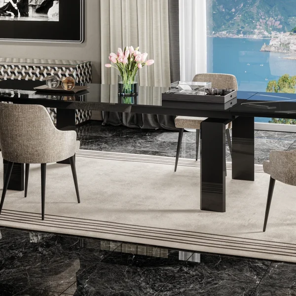 Modern Italian Dardo 72 dining table by Reflex Angelo in Royal Oak, MI – featuring an extendable top in Marmoreflex glass and a brushed aluminum structure.