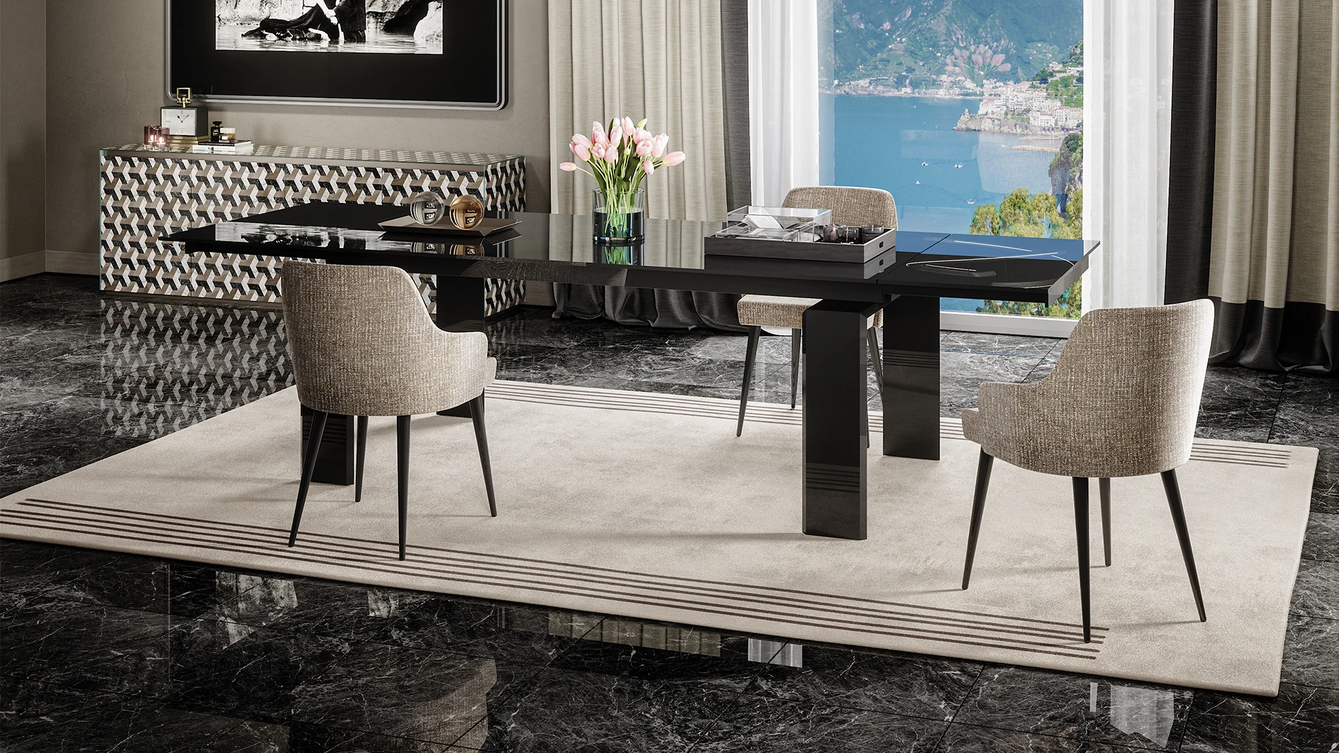 Modern Italian Dardo 72 dining table by Reflex Angelo in Royal Oak, MI – featuring an extendable top in Marmoreflex glass and a brushed aluminum structure.