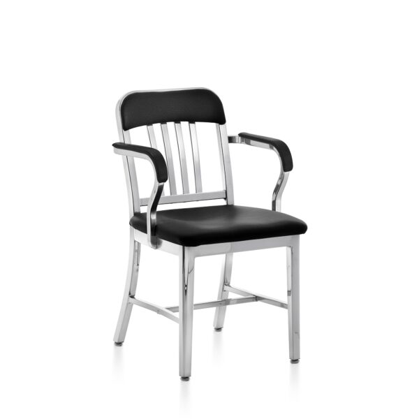 “Emeco 1011 Classic Navy Armchair with soft seat pad and armrests, made from recycled aluminum.”