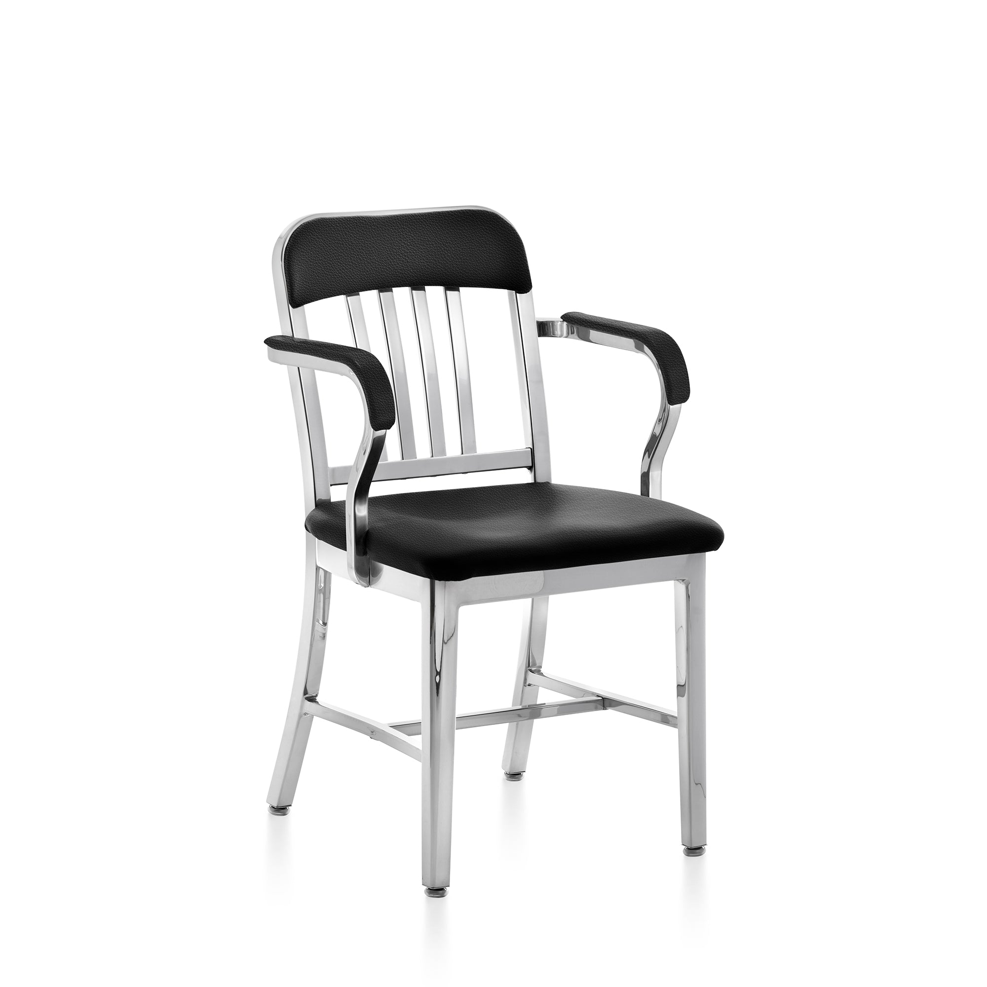“Emeco 1011 Classic Navy Armchair with soft seat pad and armrests, made from recycled aluminum.”