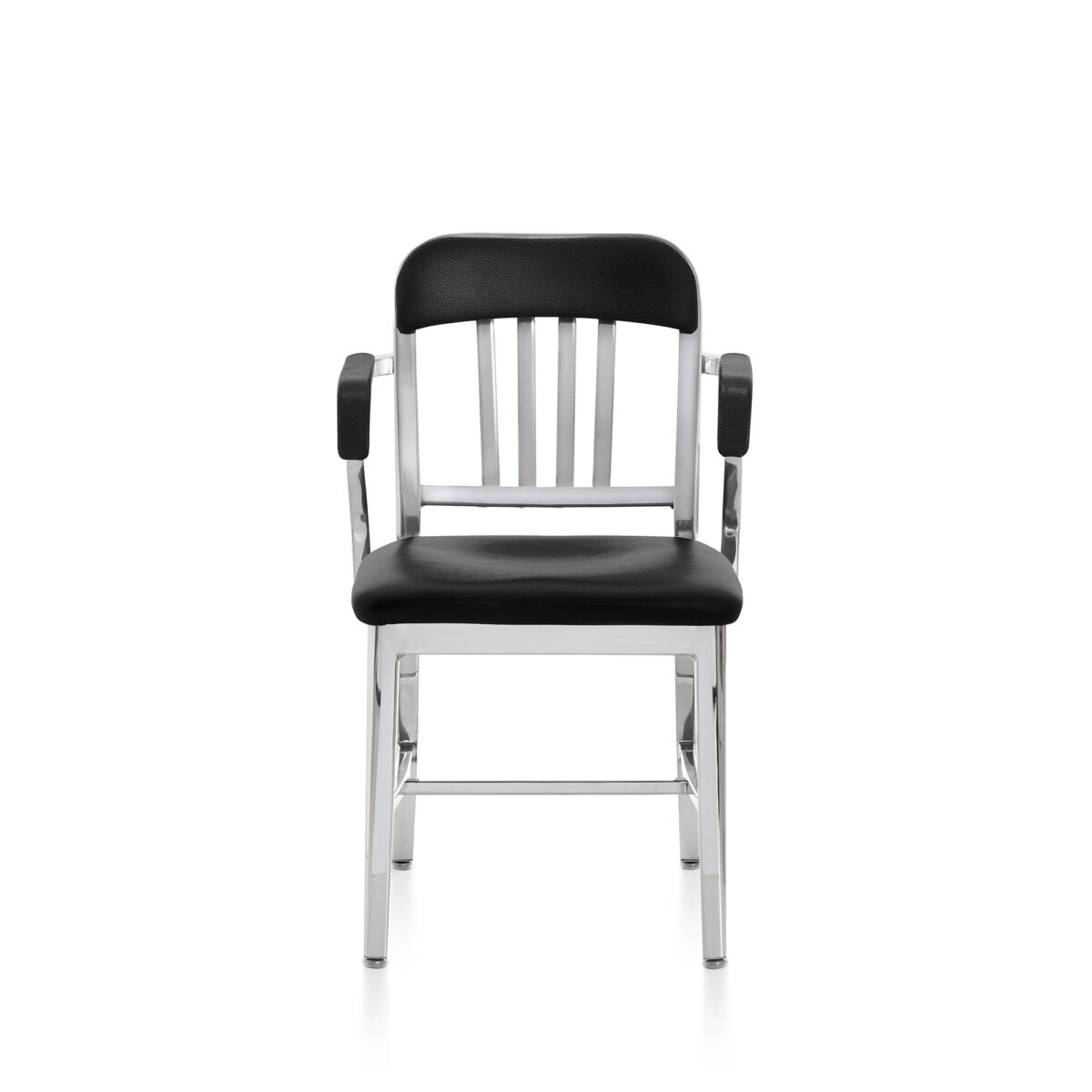 “Classic Emeco Navy Armchair with cushioned seat and durable brushed aluminum structure.”