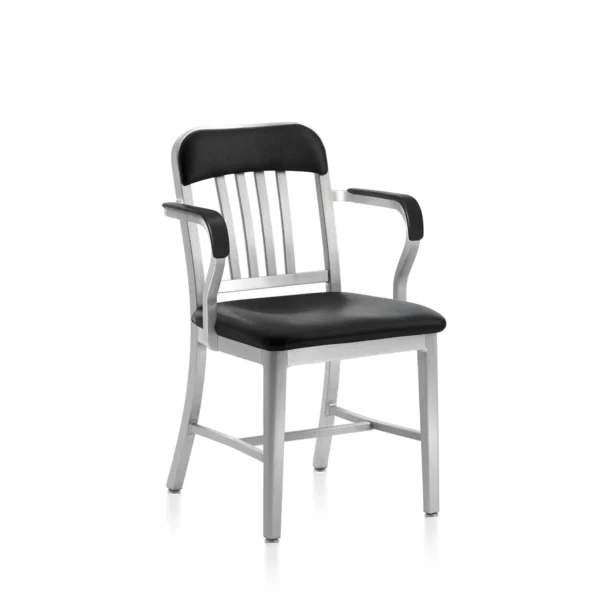 1011 Navy Classic Semi-upholstered Armchair by Emeco, a blend of durable design and comfort, featuring sleek lines and soft upholstery for modern, luxury interiors.
