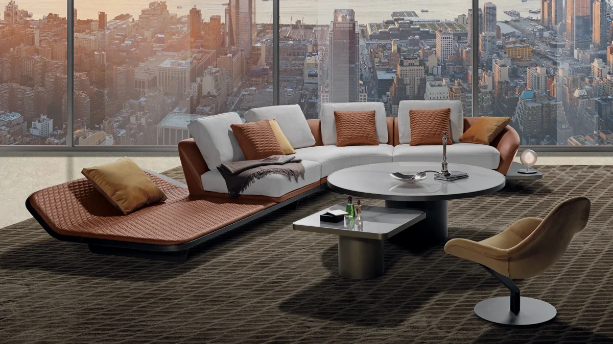 Segno Sofa Chaise Longue by Reflex featured in Troy Michigan showroom, modern Italian luxury seating design.