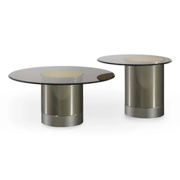 Modern Tau 40 Steel Vetro table by Reflex with glass and steel detail in Birmingham Michigan showroom