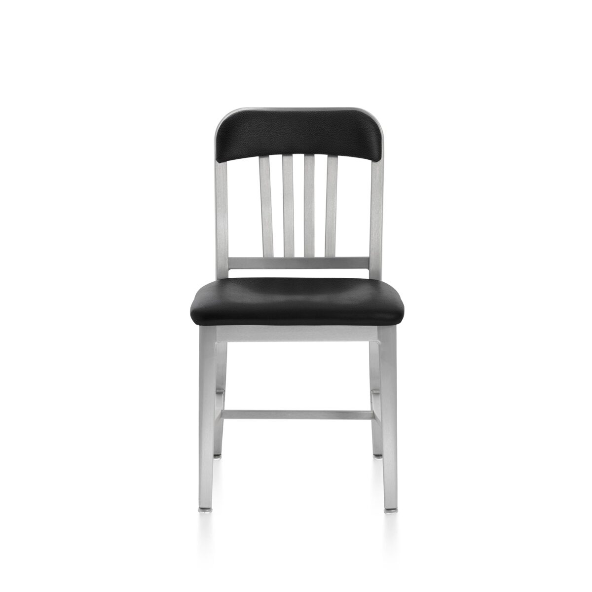Modern semi-upholstered Navy Chair with clean lines and aluminum legs by Emeco.