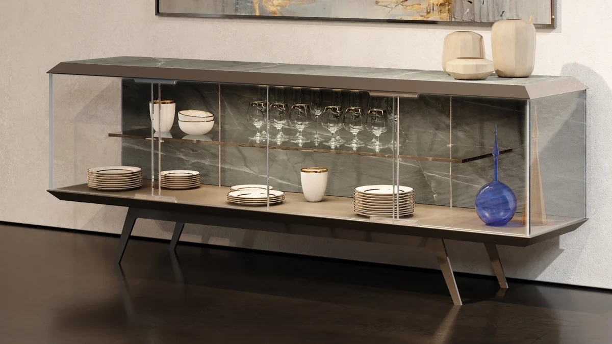 London Buffet by Reflex showcased in Royal Oak Michigan showroom, modern Italian luxury sideboard design.