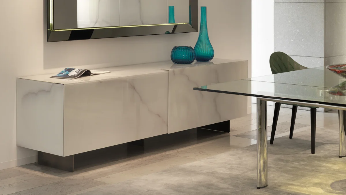 Mirage Buffet by Reflex showcased in Royal Oak Michigan showroom, modern Italian luxury sideboard design.