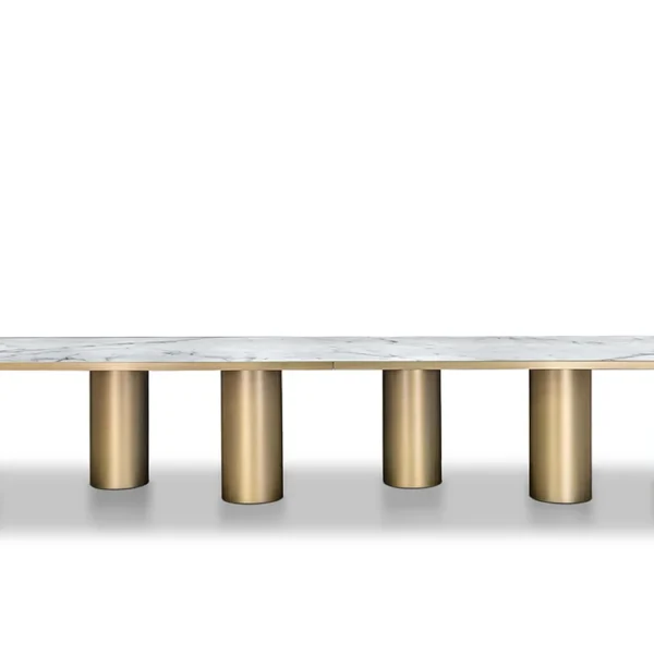 Signore Degli Anelli 72 Steel Bespoke dining table by Reflex Angelo, featuring ten sculptural cylinders in satin brass finish and a wooden top with Marmoreflex inlay.
