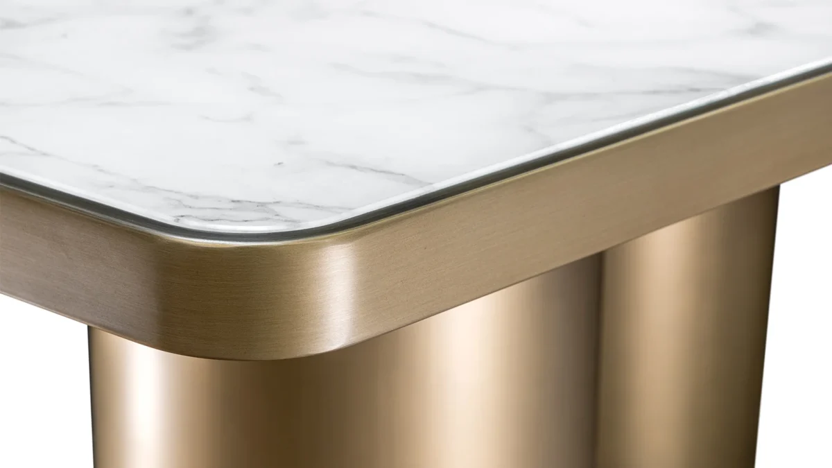 Signore Degli Anelli 72 Steel Bespoke dining table by Reflex Angelo, featuring ten sculptural cylinders in satin brass finish and a wooden top with Marmoreflex inlay.