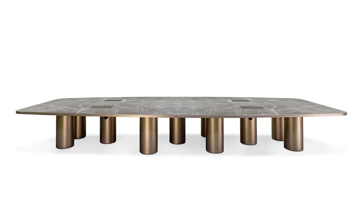 Signore Degli Anelli 72 Steel Bespoke dining table by Reflex Angelo, featuring ten sculptural cylinders in satin brass finish and a wooden top with Marmoreflex inlay.