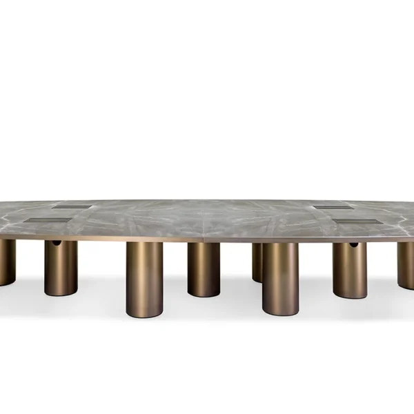 Signore Degli Anelli 72 Steel Bespoke dining table by Reflex Angelo, featuring ten sculptural cylinders in satin brass finish and a wooden top with Marmoreflex inlay.
