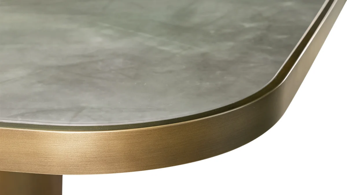 Signore Degli Anelli 72 Steel Bespoke dining table by Reflex Angelo, featuring ten sculptural cylinders in satin brass finish and a wooden top with Marmoreflex inlay.