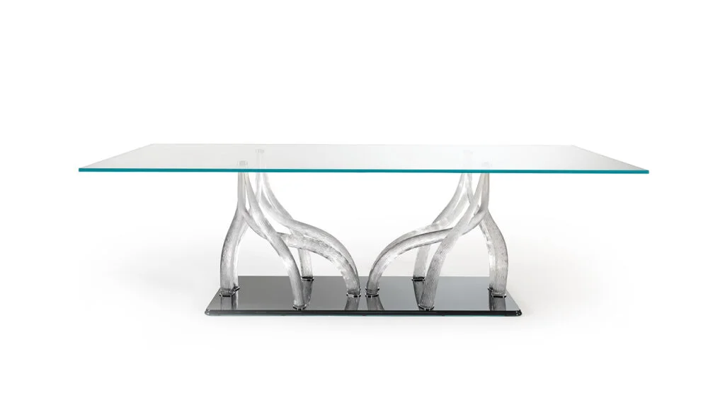 Flambe 72 by Reflex, elegant dining table with glass top and steel base, perfect for luxurious interiors in Royal Oak, MI.