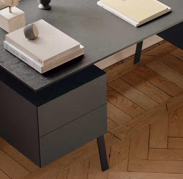 Homework Wood Top desk by Bensen featuring a smooth natural wood tabletop with slim metal legs in a modern workspace