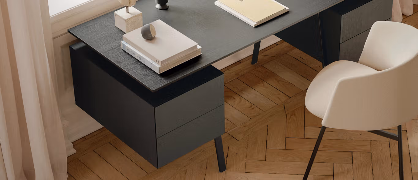 Homework Wood Top desk by Bensen featuring a smooth natural wood tabletop with slim metal legs in a modern workspace