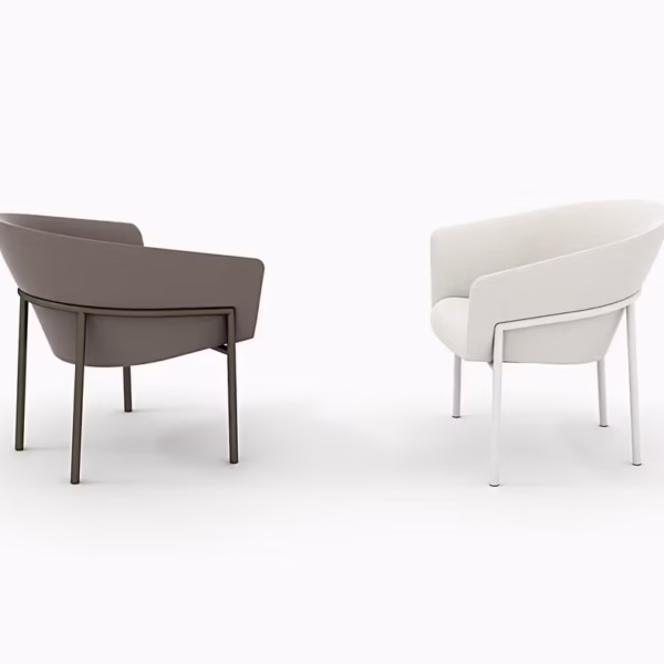 Metro by Bensen lounge chair in light gray fabric with slim metal legs and a streamlined design in a contemporary living room