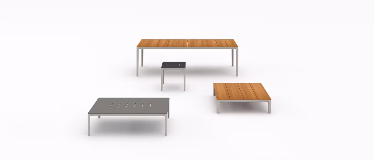 Outdoor Able Table by Bensen with teak slatted top and aluminum legs"