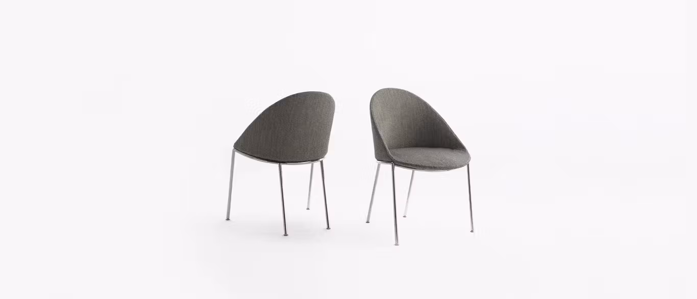 Circa Dining Chair by Bensen in soft gray upholstery with rounded backrest and slim black metal legs