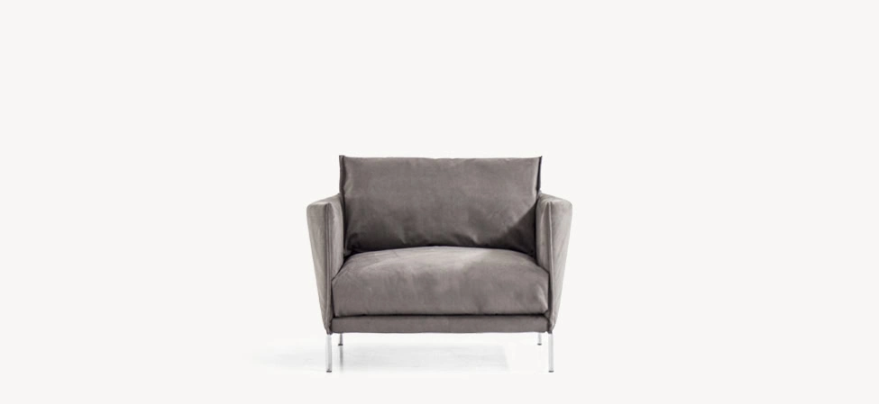 Gentry armchair by Moroso in luxe Italian leather upholstery, front view in a Royal Oak Michigan showroom