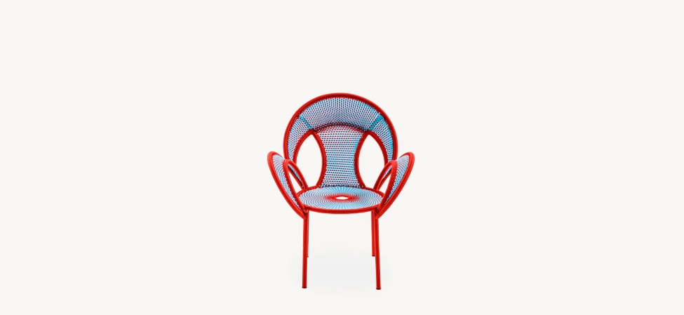 Banjooli by Moroso in vibrant Italian upholstery, front view in a Royal Oak Michigan showroom