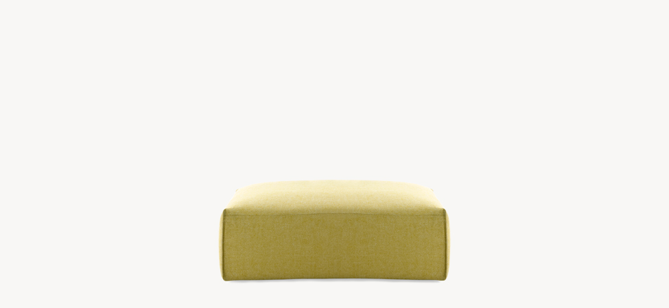 Square Spring pouf in soft beige fabric, with minimalist block shape and recessed black polypropylene feet