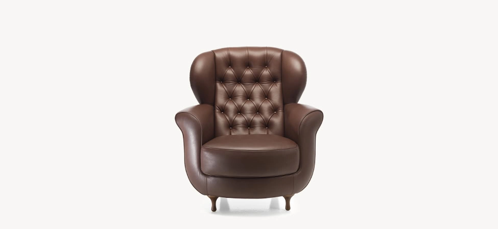 Papy Bergère by Moroso in classic French-inspired armchair silhouette, front view in a Royal Oak Michigan showroom