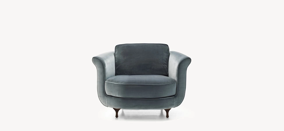 Big Mama armchair by Moroso in plush Italian velvet upholstery, front view in a Royal Oak Michigan showroom