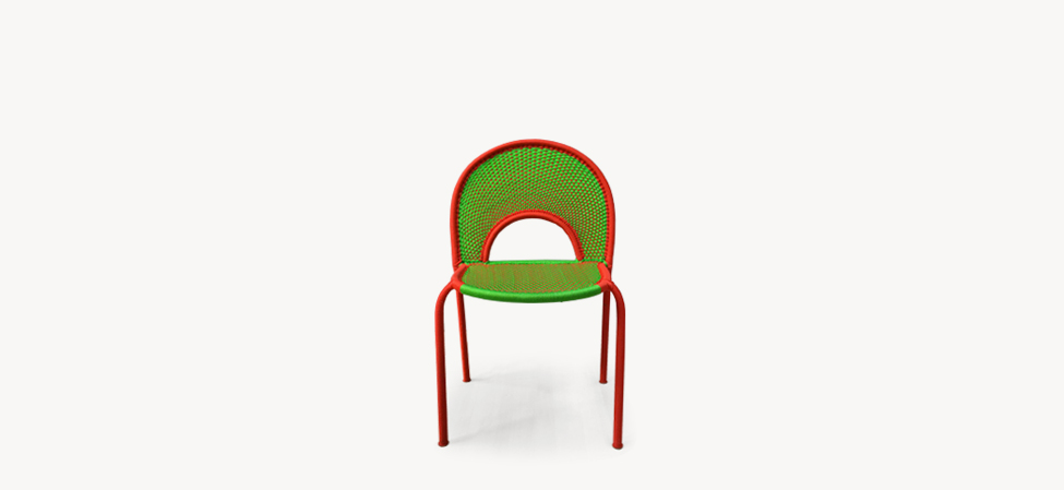 Banjooli chair by Moroso featuring handwoven polyethylene threads in bold red, yellow, and blue patterns, inspired by African artistry