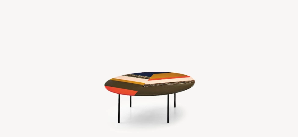 Fishbone Coffee Table by Moroso featuring decorative herringbone inlay motif on white marble tabletop, front view in a Royal Oak Michigan showroom