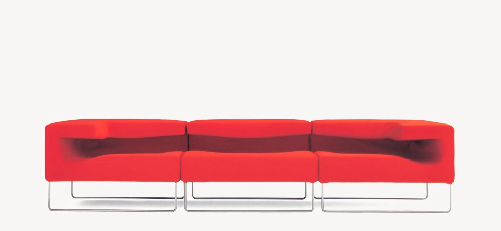 Lowseat by Moroso featuring a low-profile modular design with geometric volumes, front view in a Royal Oak Michigan showroom