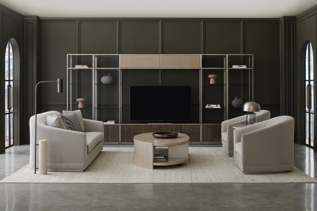 Front view of the Da Vita table showcasing its sophisticated mix of materials and modern form.