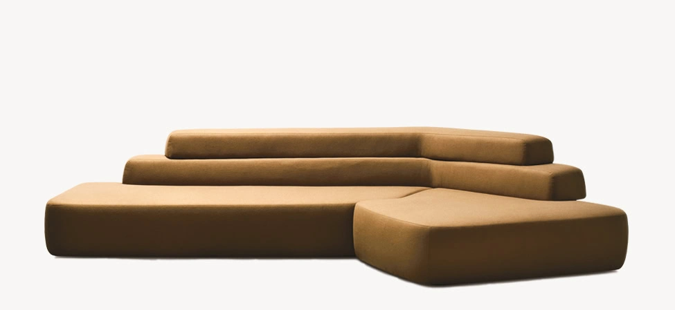 Rift Sofa by Moroso featuring angular design and geometric cuts, front view in a Royal Oak Michigan showroom