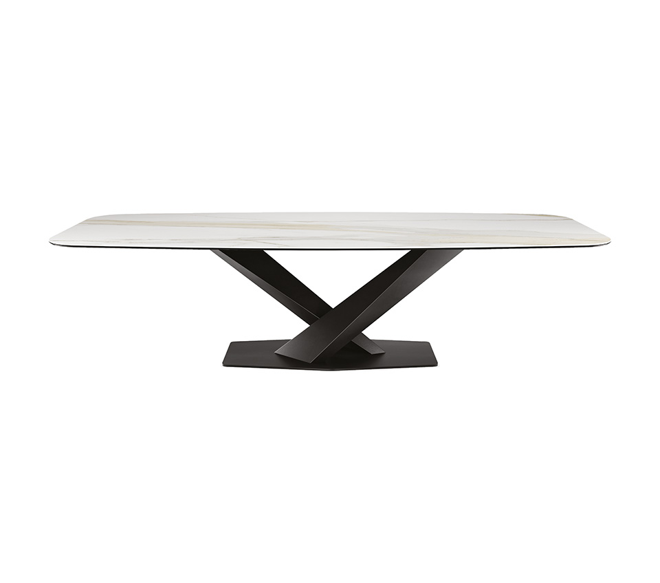“STRATOS Keramik by Cattelan Italia – luxury dining table with sculptural metal base and marble-effect ceramic top”