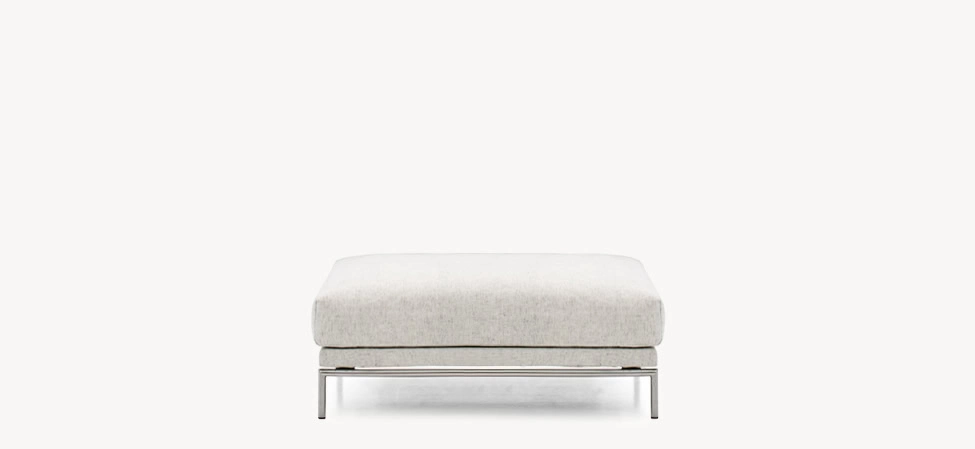 Gentry Sofa by Moroso designed by Patricia Urquiola, front view showing independent seat and back cushions over a tubular steel base in a Royal Oak Michigan showroom