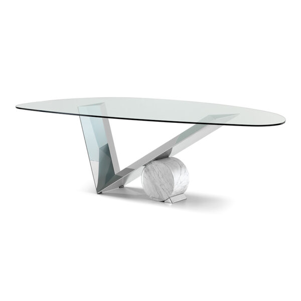 “VALENTINOX by Cattelan Italia – luxury dining table with sculptural V-shaped stainless steel base and glass top”