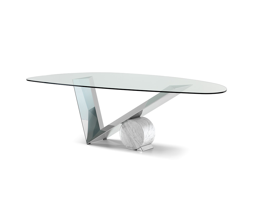 “VALENTINOX by Cattelan Italia – luxury dining table with sculptural V-shaped stainless steel base and glass top”