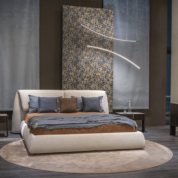 “Cattelan Italia SIMON – contemporary bed featuring low-profile frame and elegant fabric or leather headboard”