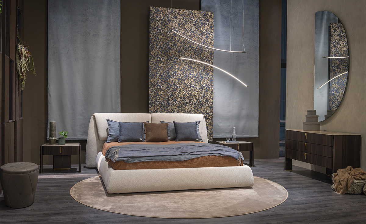 “Cattelan Italia SIMON – contemporary bed featuring low-profile frame and elegant fabric or leather headboard”