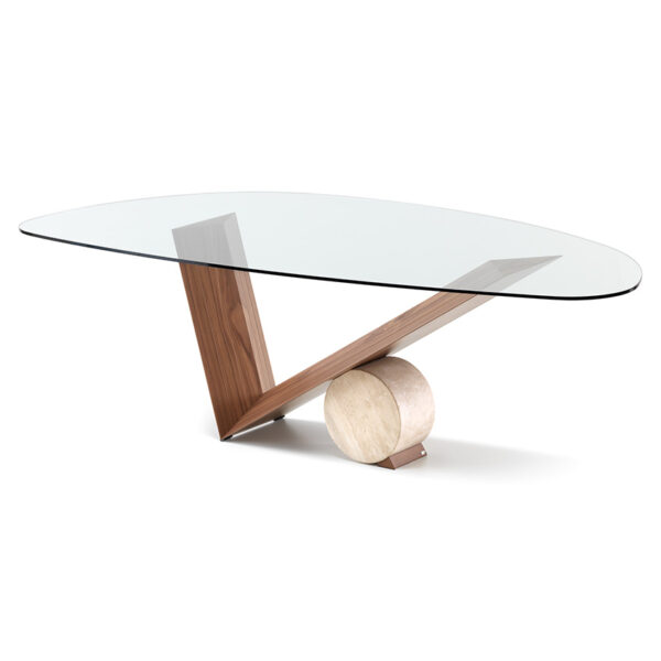“VALENTINO by Cattelan Italia – luxury dining table with sculptural V-shaped base and elegant wood or ceramic top”