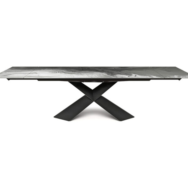 “TYRON Crystalart Drive by Cattelan Italia – extendable dining table with artistic CrystalArt glass top and sculptural steel base”