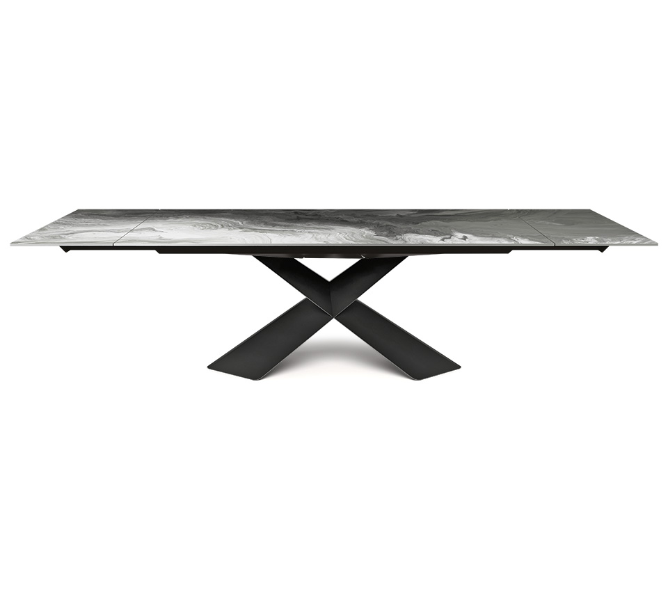 “TYRON Crystalart Drive by Cattelan Italia – extendable dining table with artistic CrystalArt glass top and sculptural steel base”