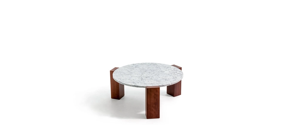 Gogan Coffee Table by Moroso featuring a polished marble top and ash wood base, front view in a Royal Oak Michigan showroom