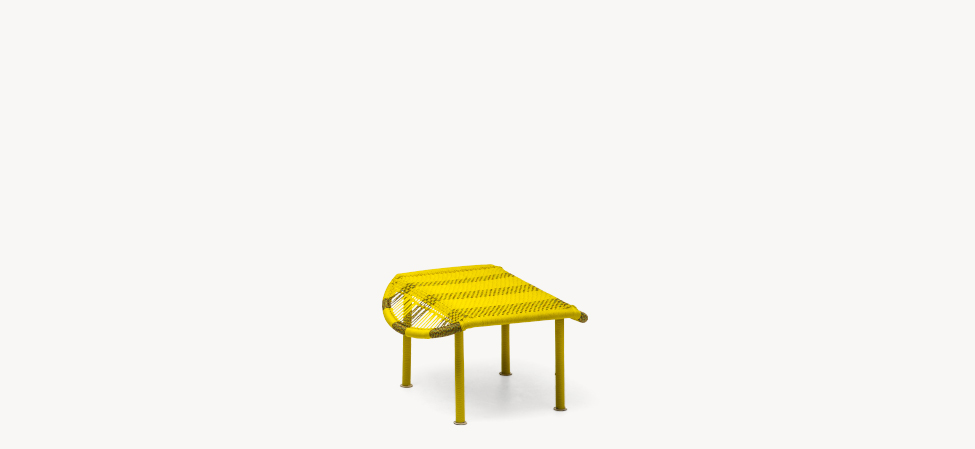 Yellow Imba chaise longue with sweeping curved seat and high woven back, hand‑woven from polyethylene cords on a powder-coated steel frame
